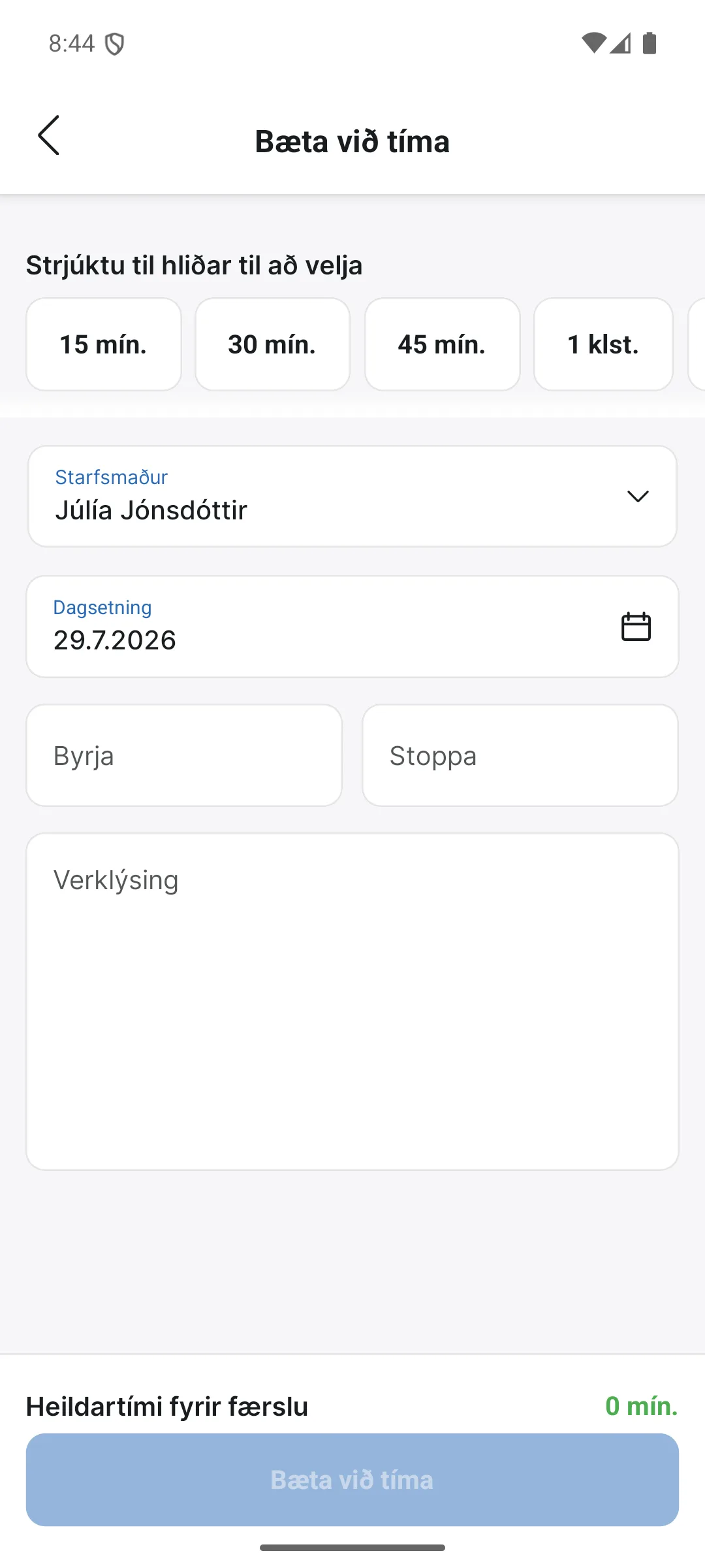 Bæta við tíma í appinu