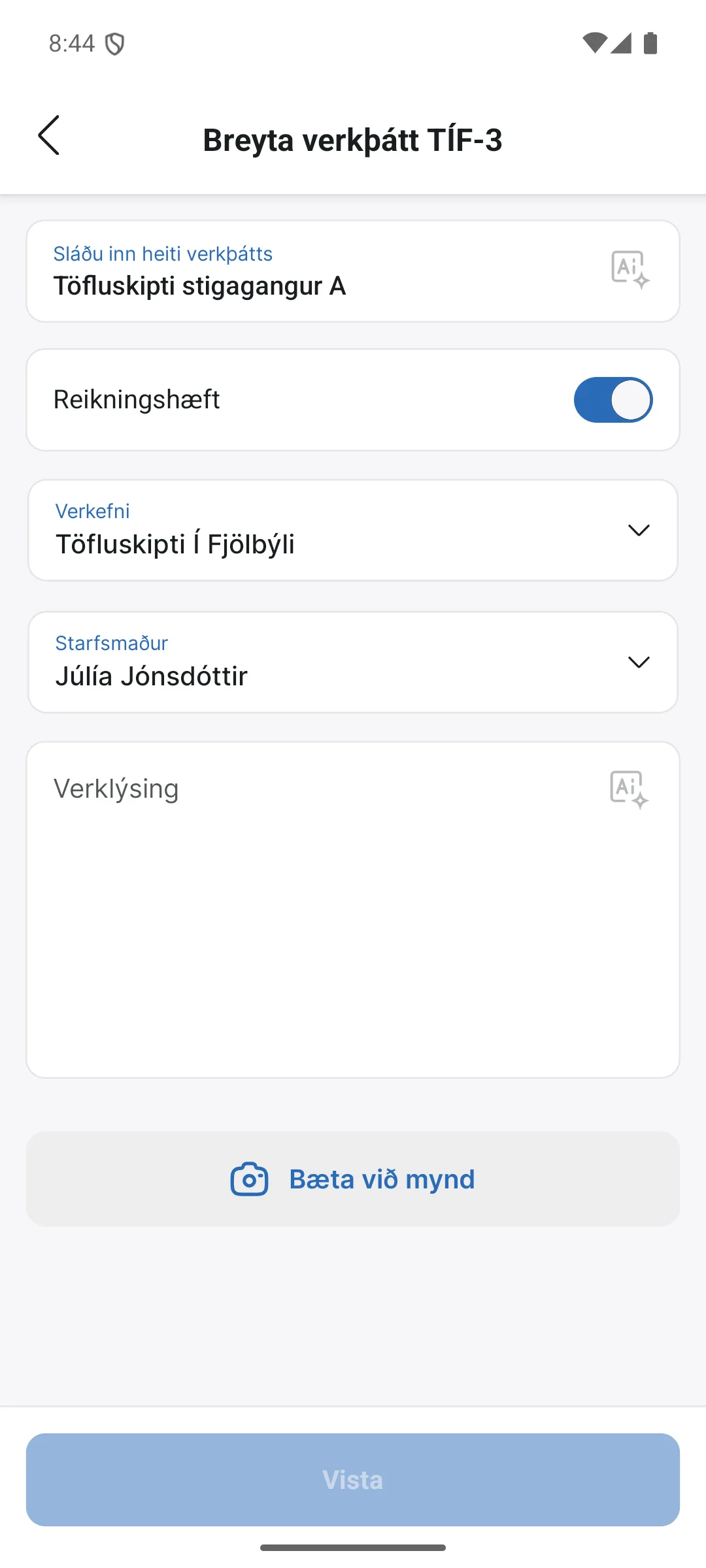 Breyta verkþætti í appinu