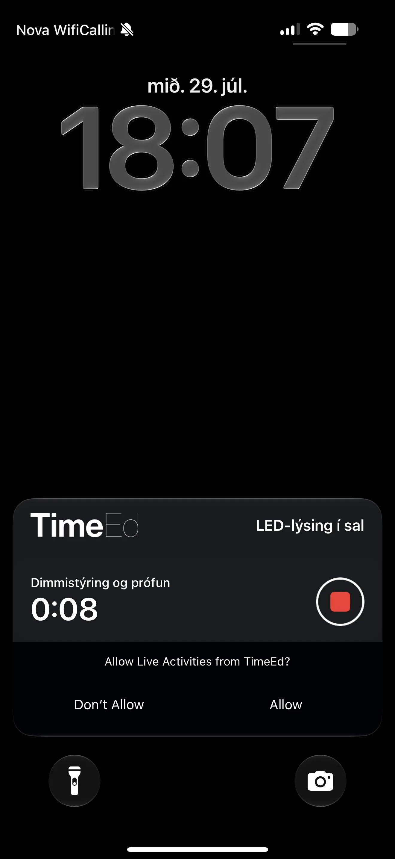 Líðandi tími verkþáttar á læstum skjá iPhone