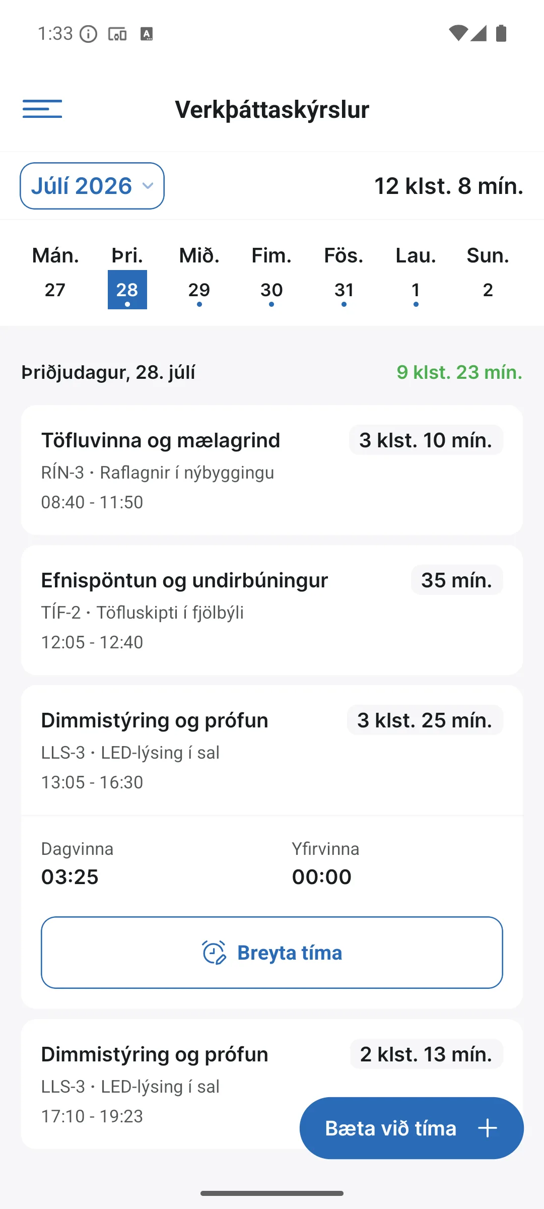Verkþáttaskýrslur í appinu