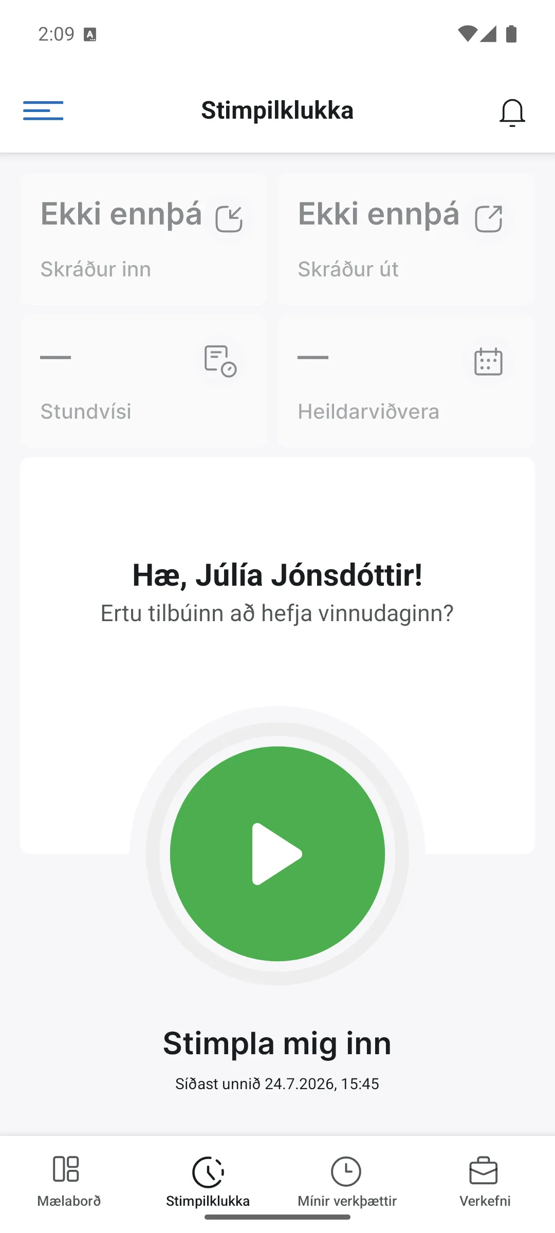 Stimpilklukkan í appinu