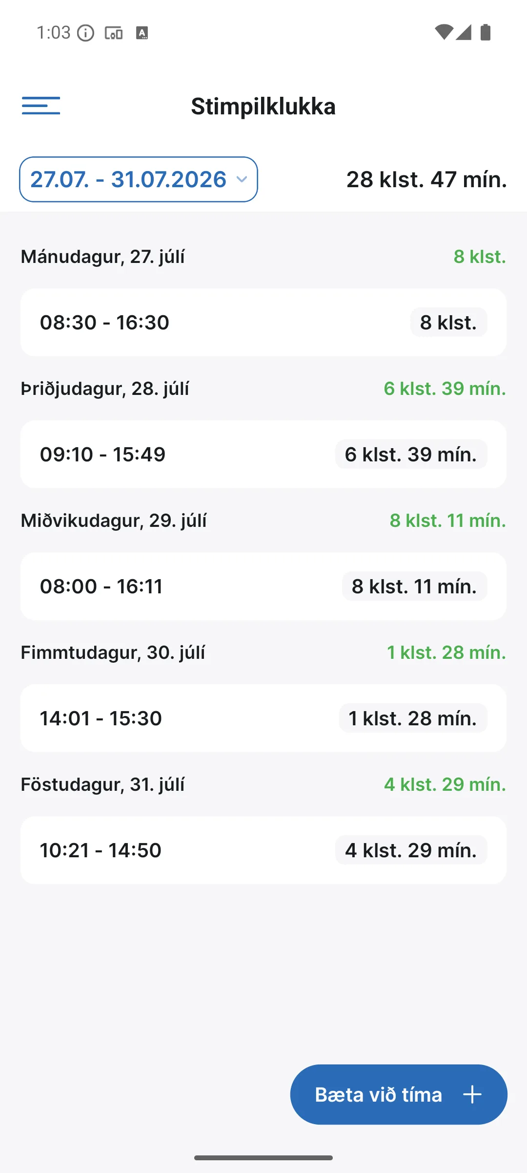 Stimpilklukkuskýrslan í appinu