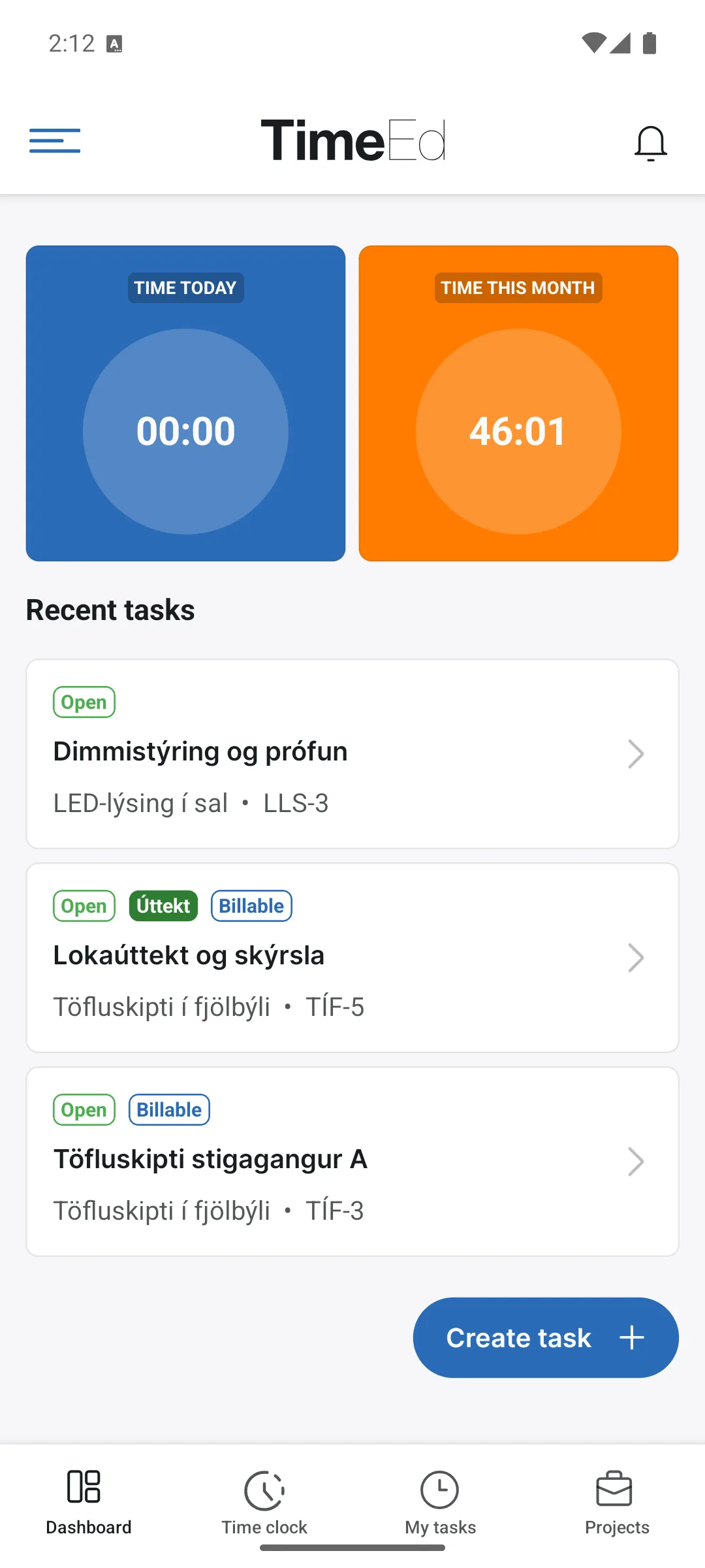The dashboard in the TimeEd app