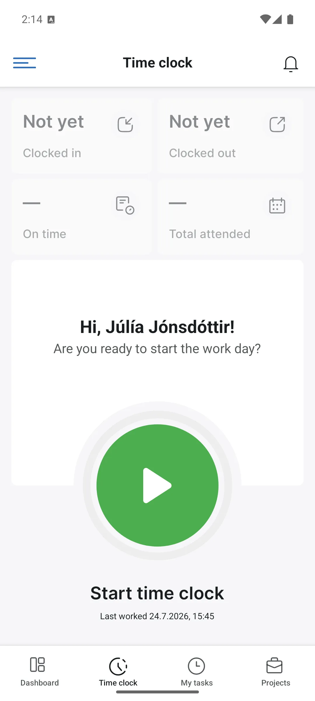 The time clock in the app