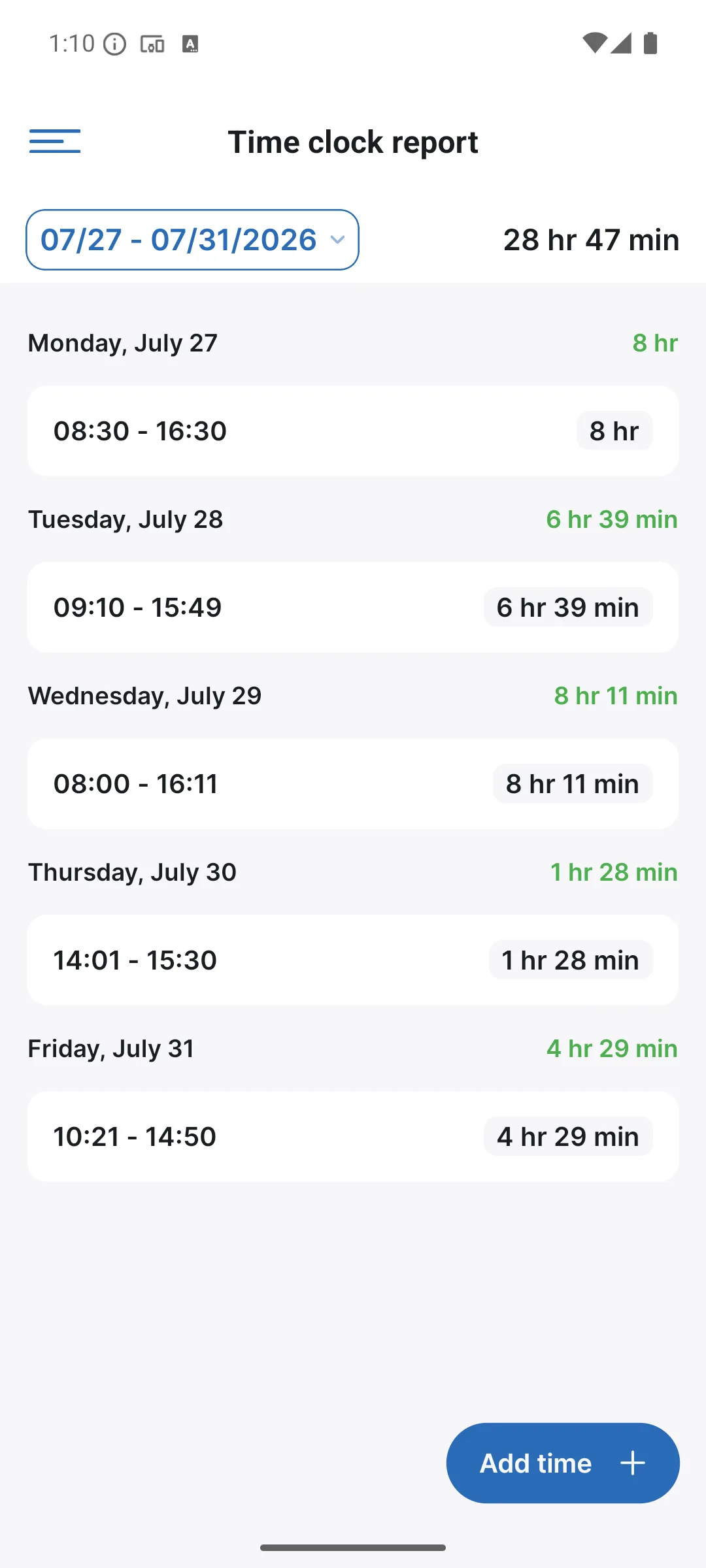 The time clock report in the app