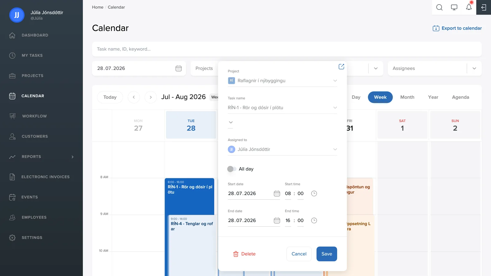 Editing a task in the calendar