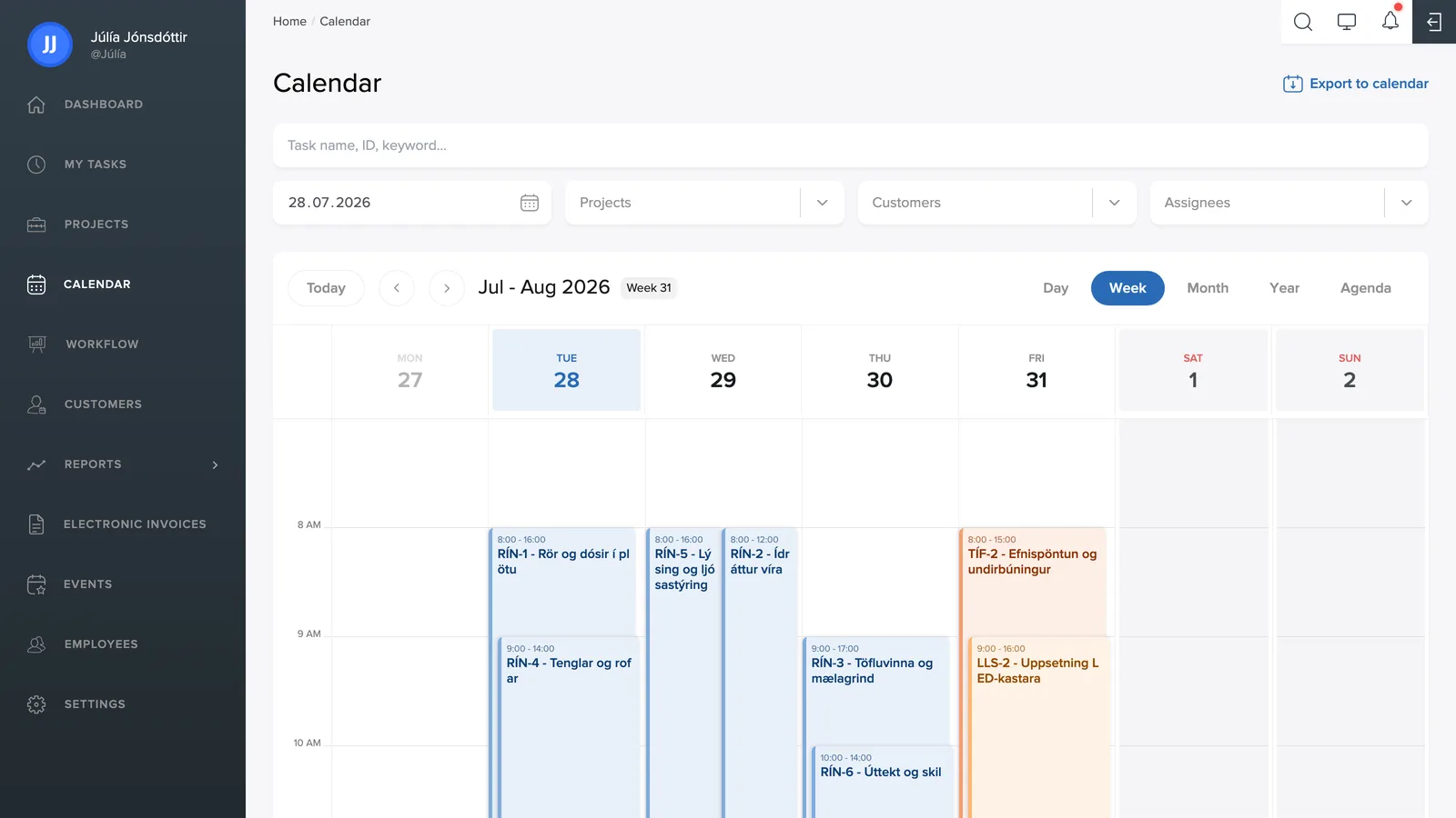 The calendar, week view