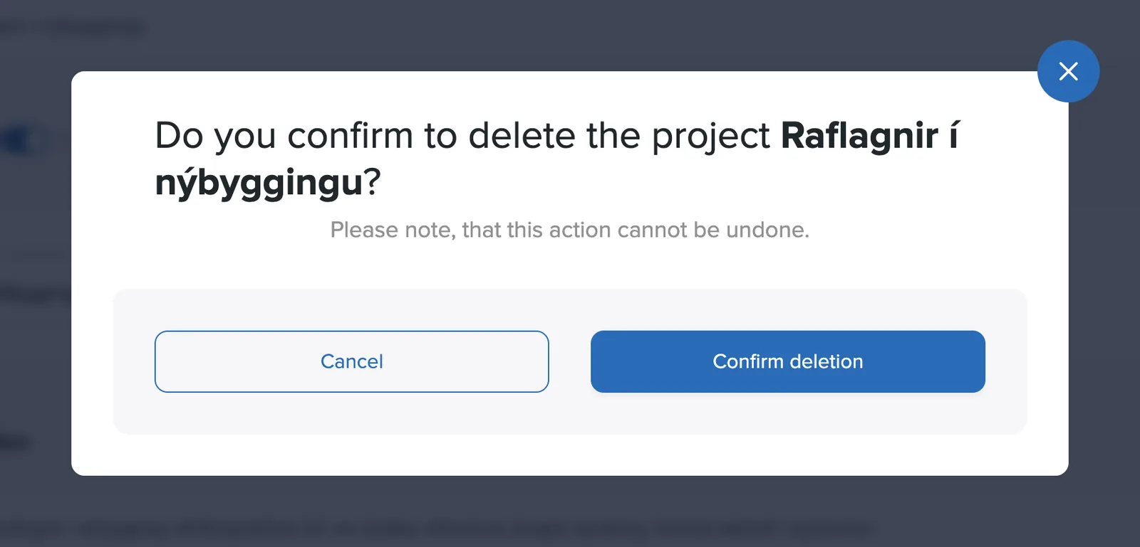 Confirmation dialog for deleting a project