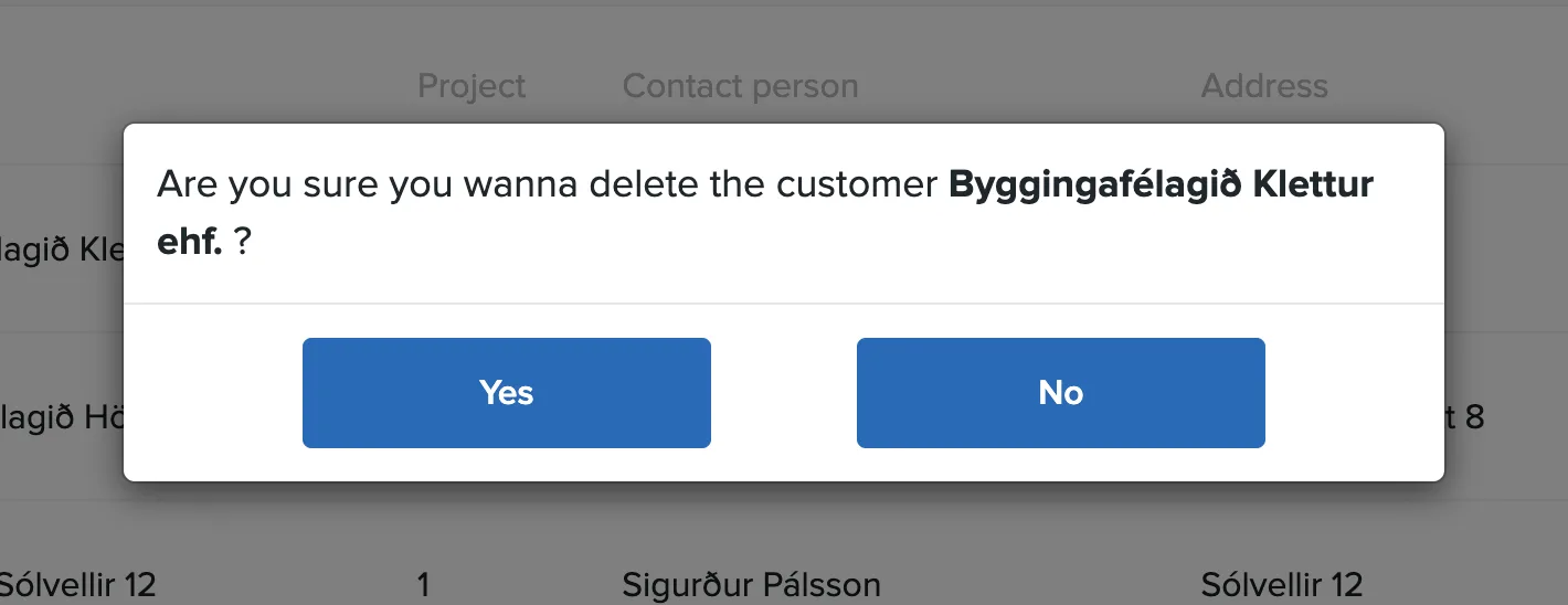 Confirmation dialog for deleting a customer