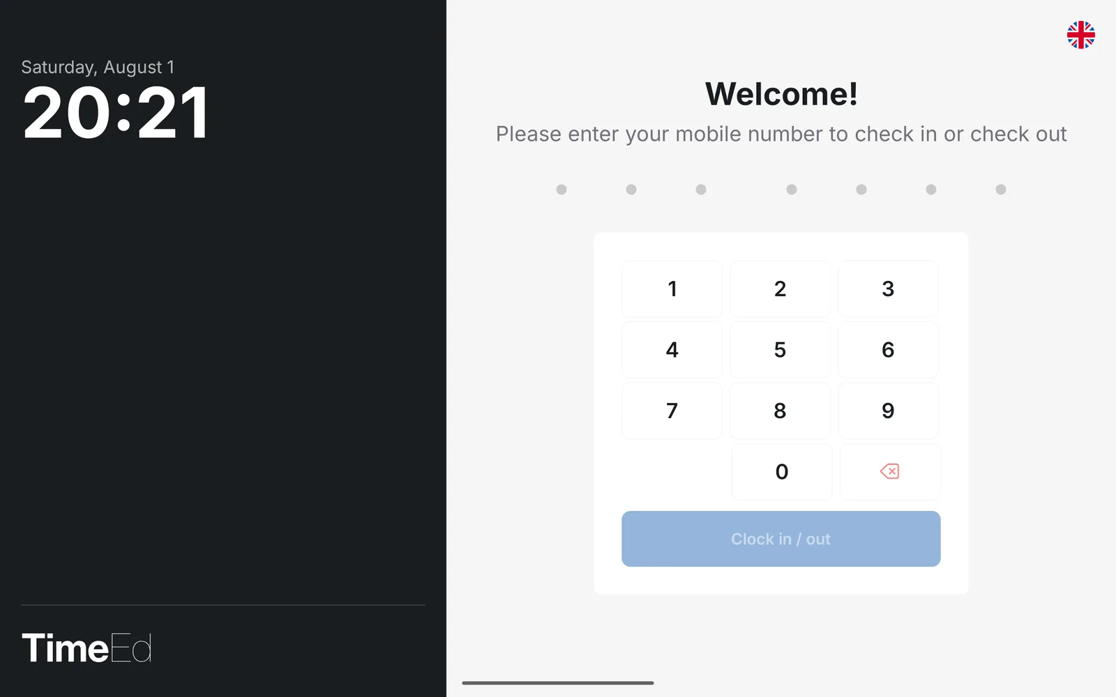 The time clock start screen