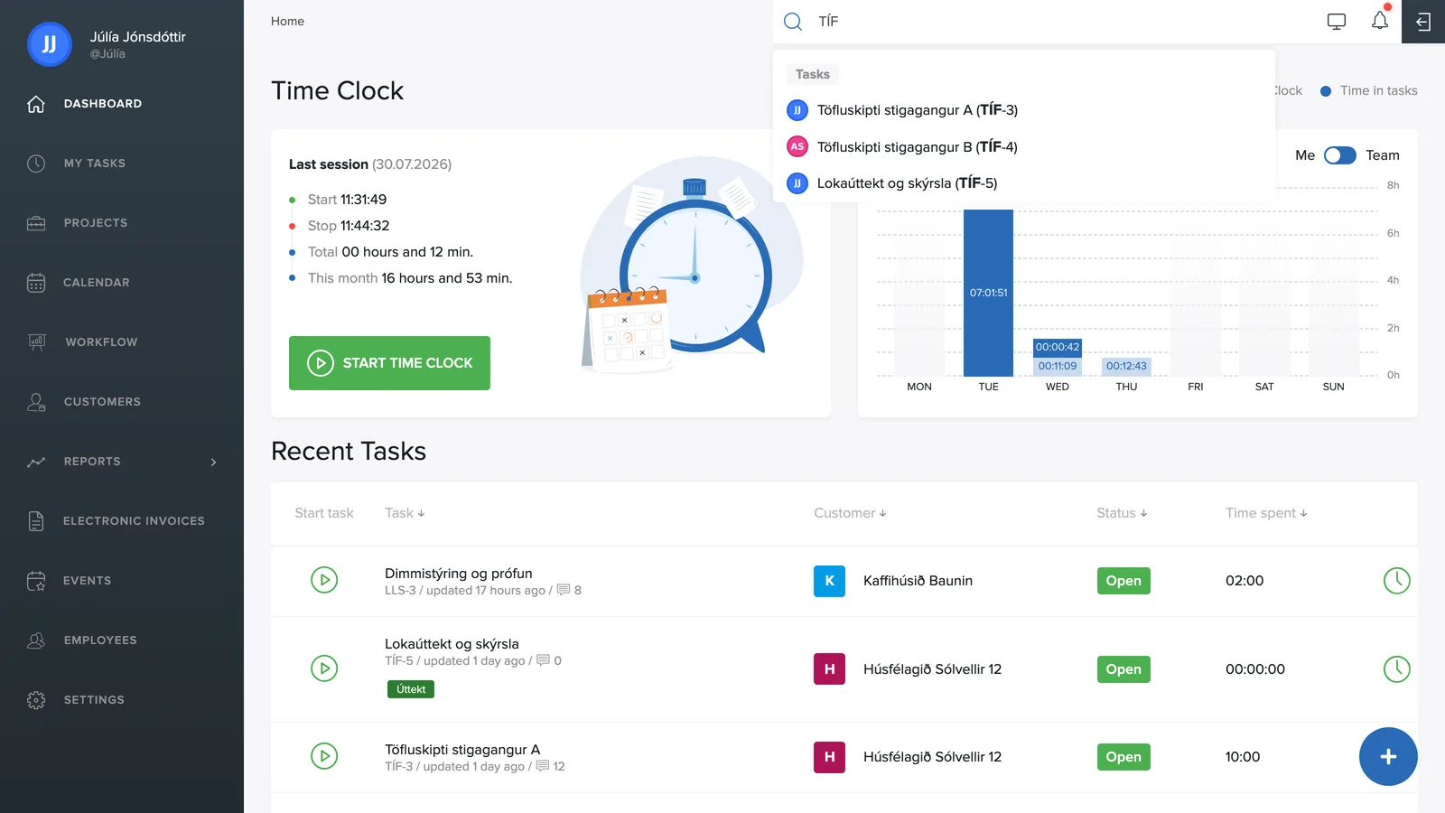 The search open at the top of the dashboard