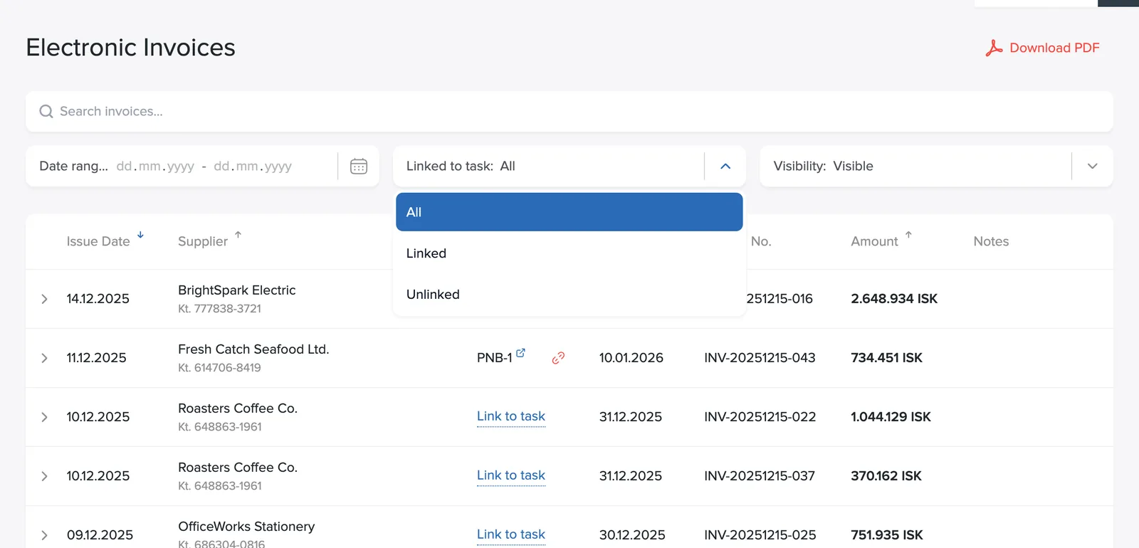 Linked to task filter