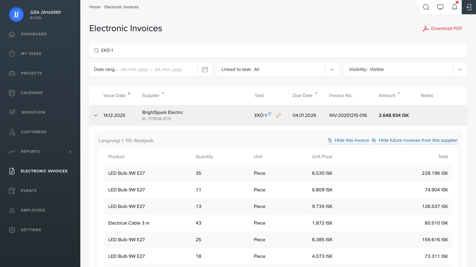 An open invoice with product lines