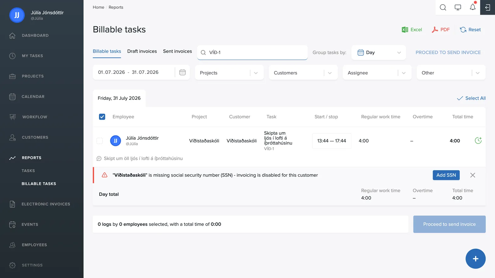 The invoice overview in reports