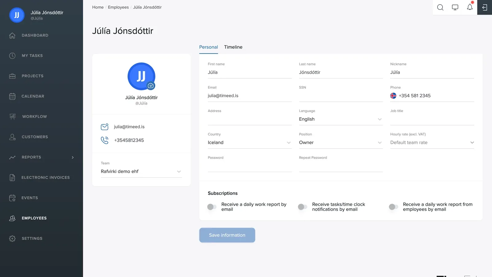 Employee settings