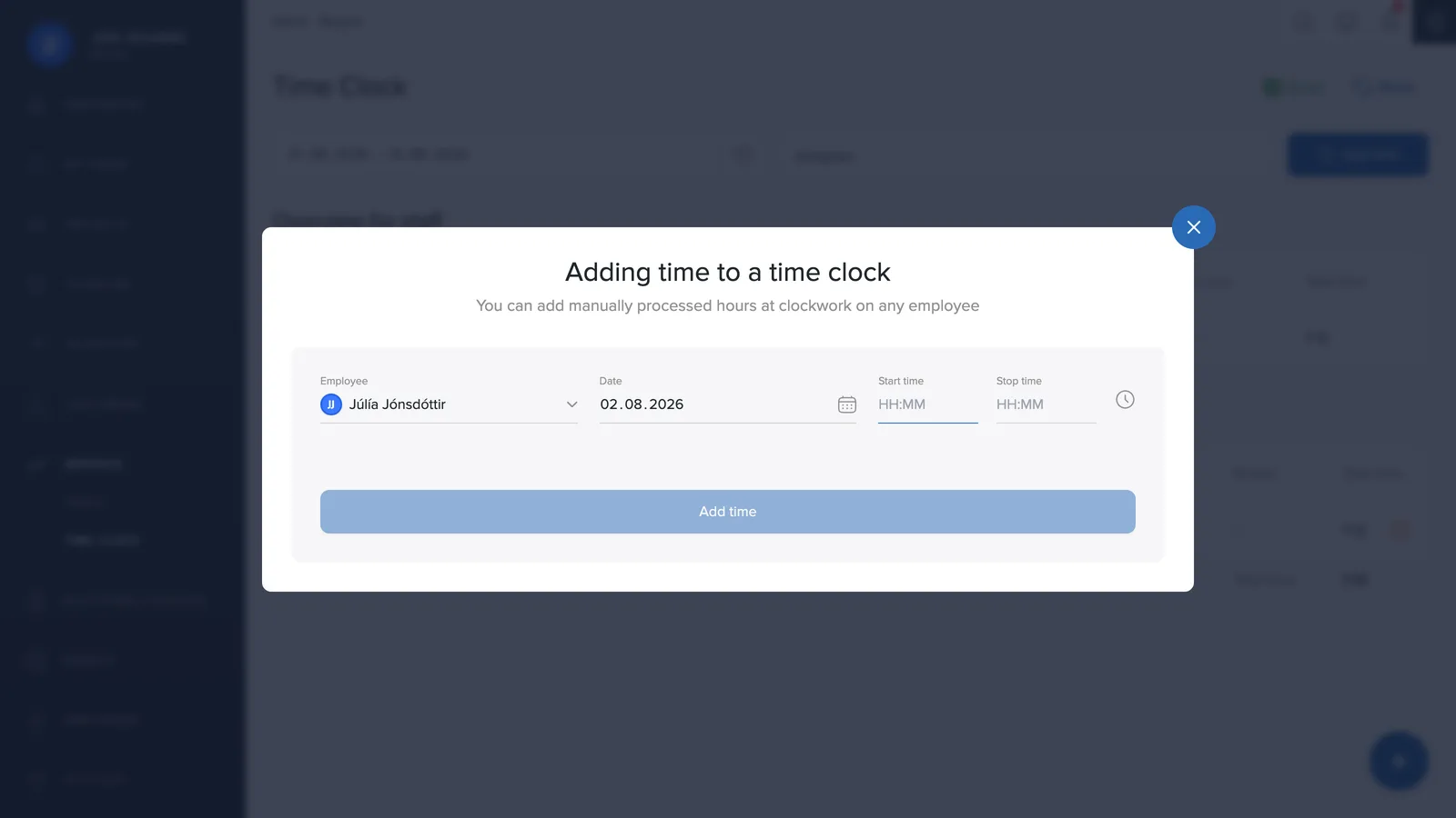 Adding time on the time clock