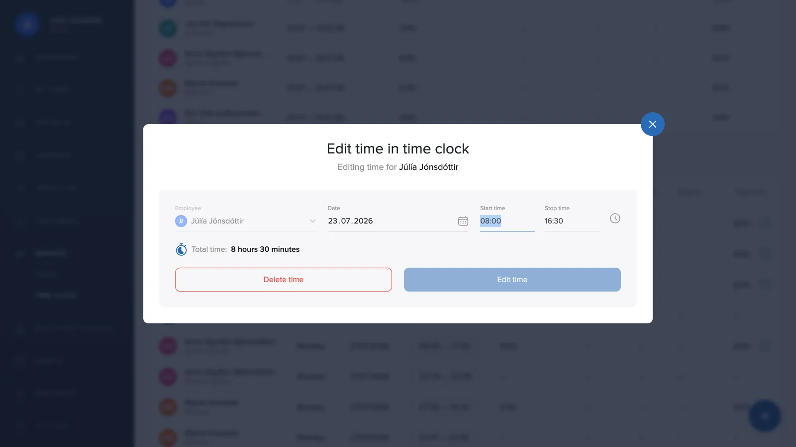 Editing or deleting time on the time clock
