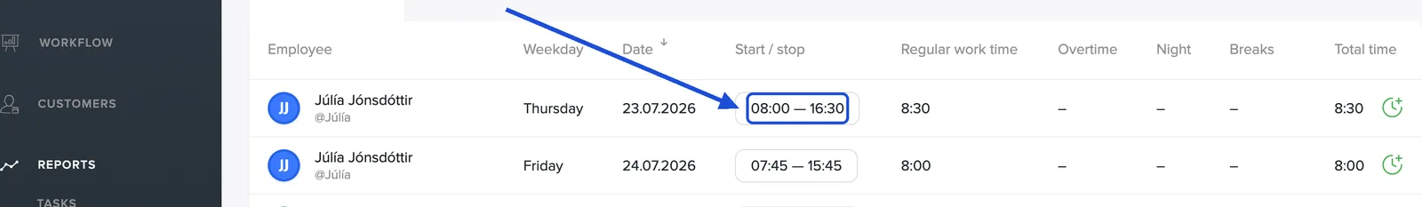 Click the times in the Start / stop column