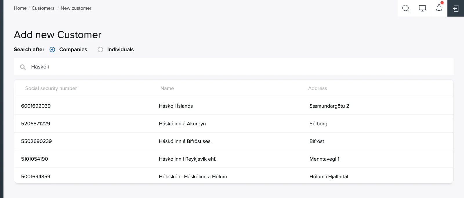 Company registry lookup when creating a customer