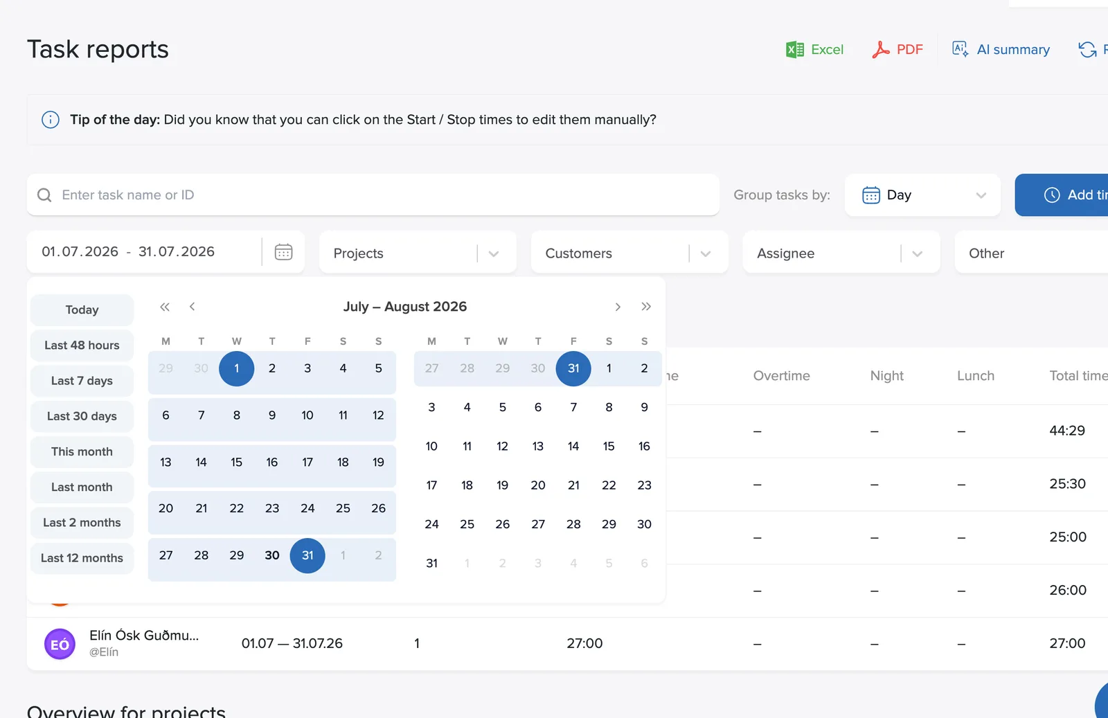 The quick menu in the calendar picker