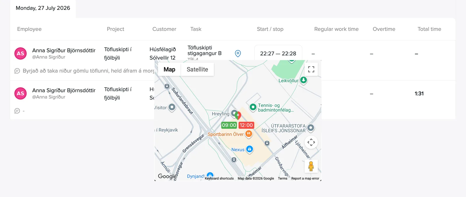 The map showing the clock-in and clock-out locations