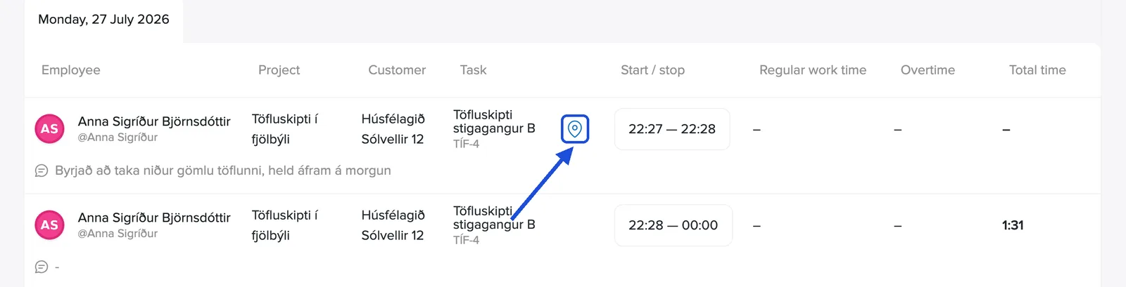 The GPS icon in the task report