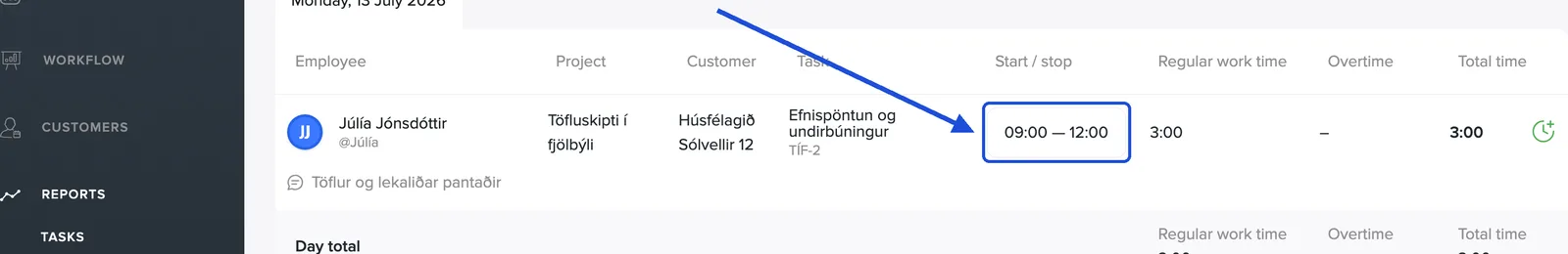 Click the times in the Start / stop column