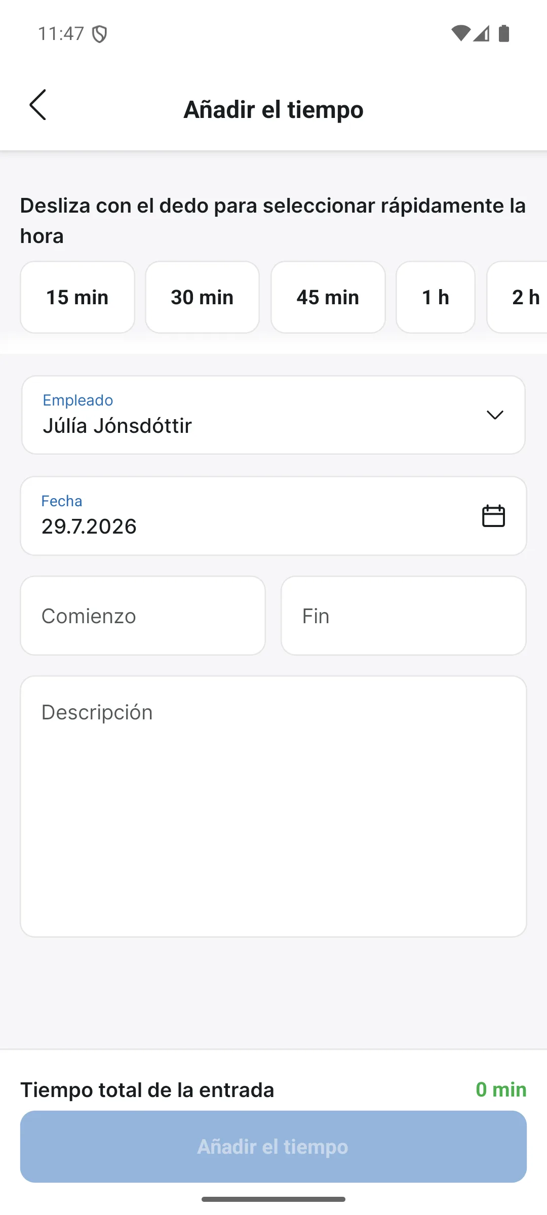 Añadir tiempo en la app