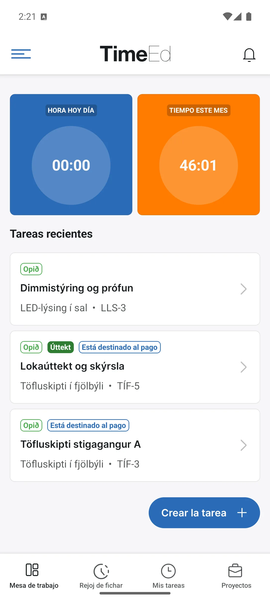 El panel de control en la app de TimeEd