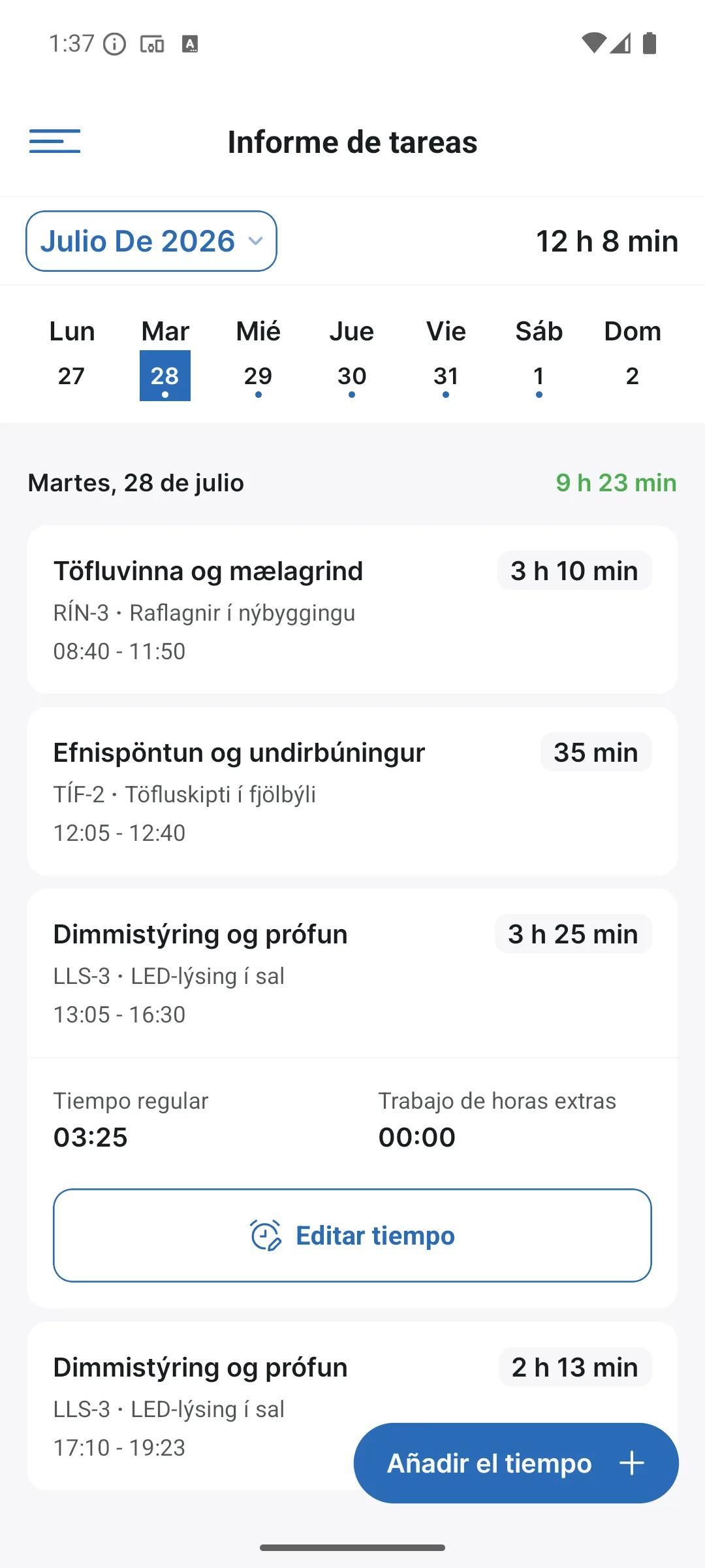 Informes de tareas en la app