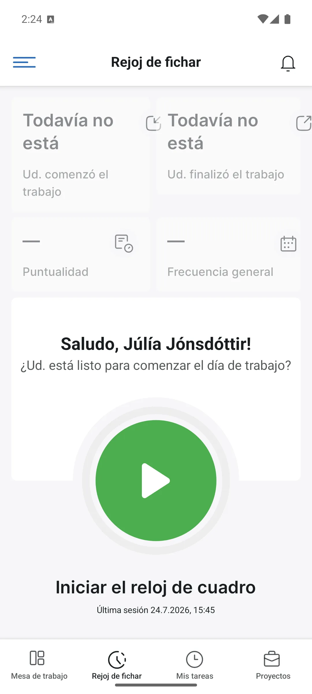 El reloj de fichar en la app