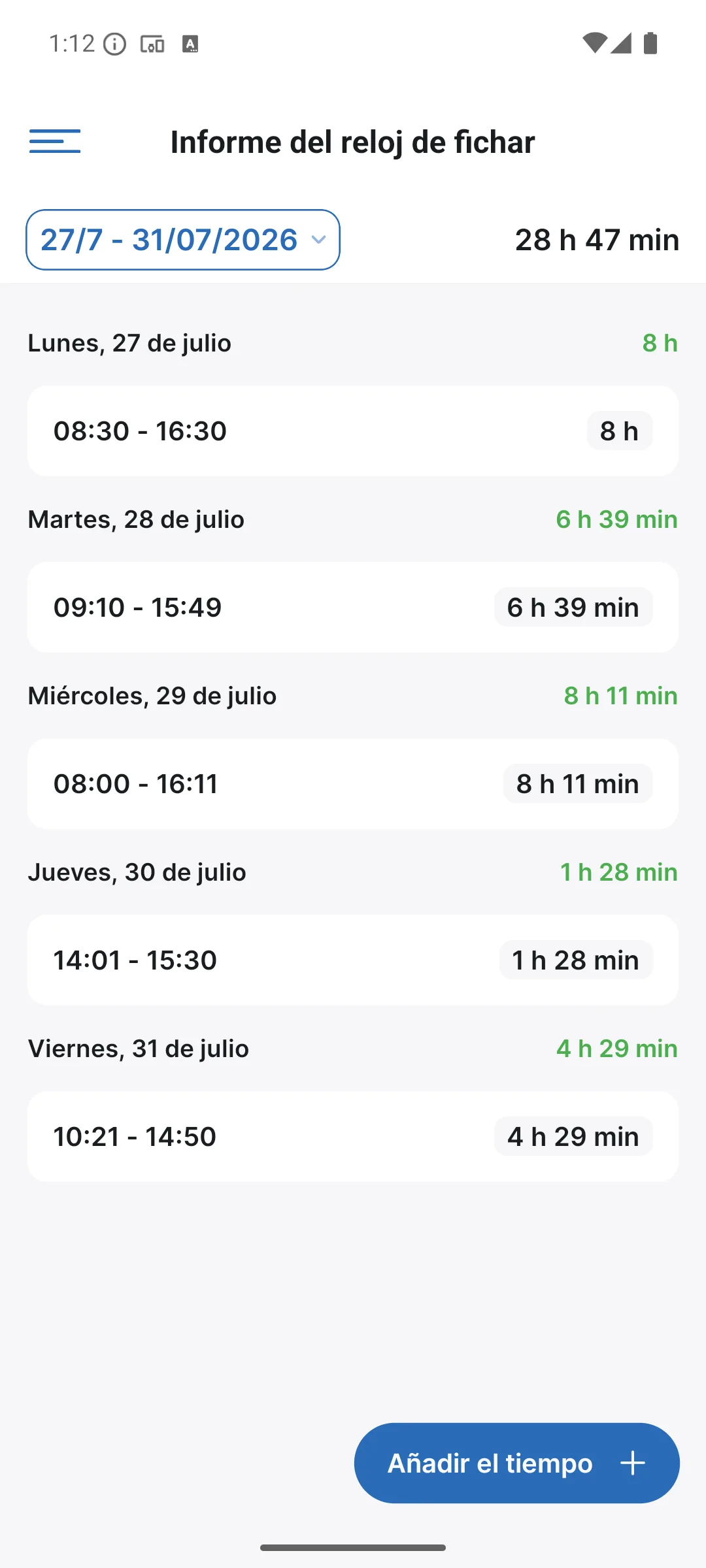 El informe del reloj de fichar en la app