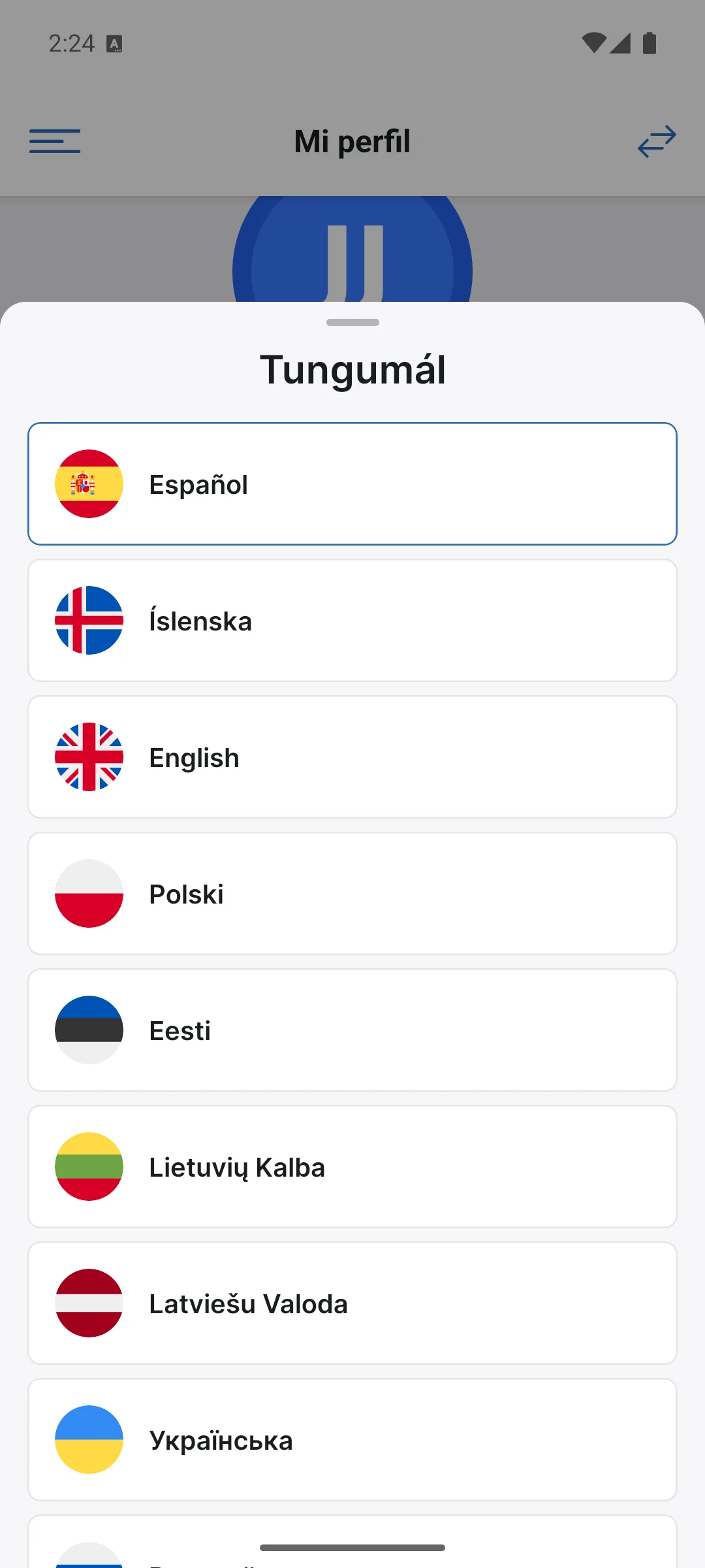Selección de idioma en la app