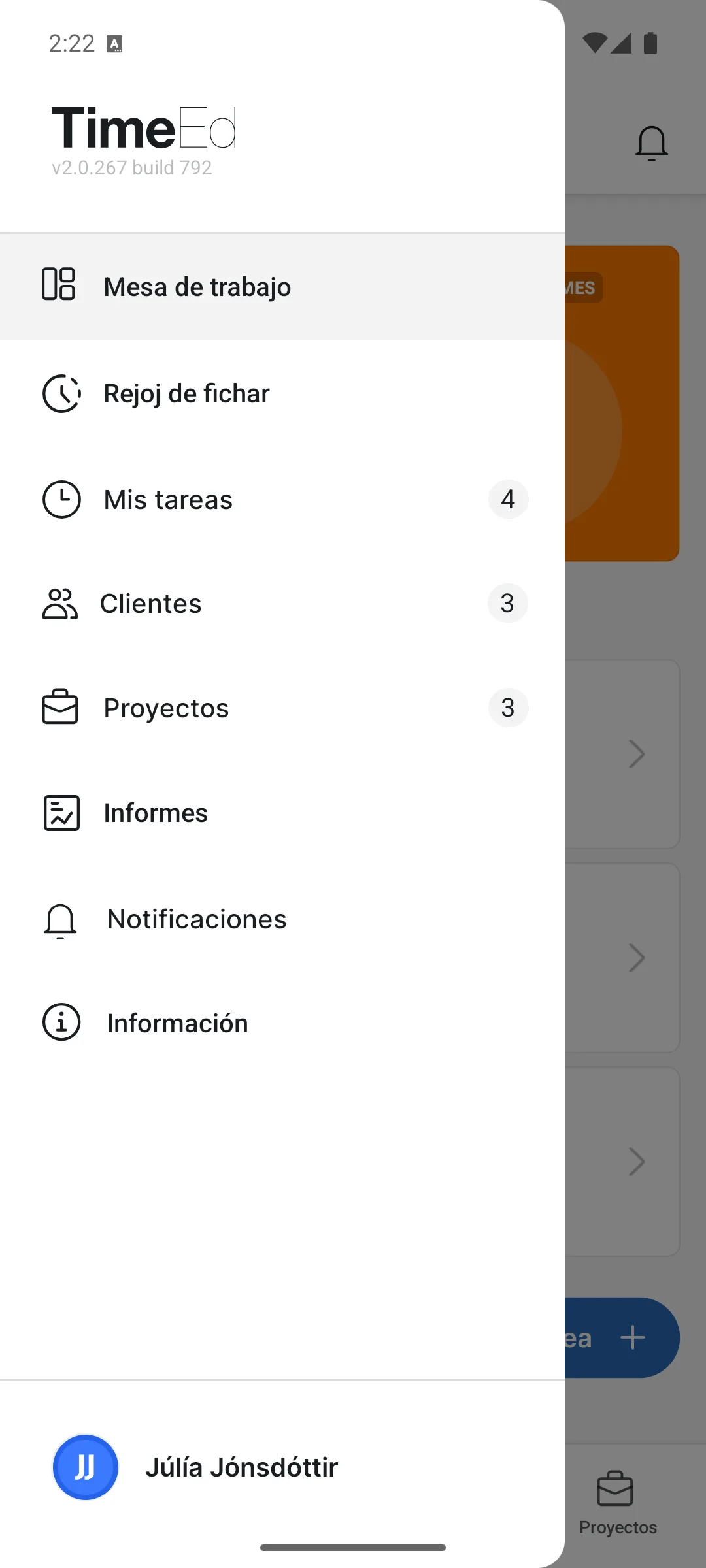 El menú de la app