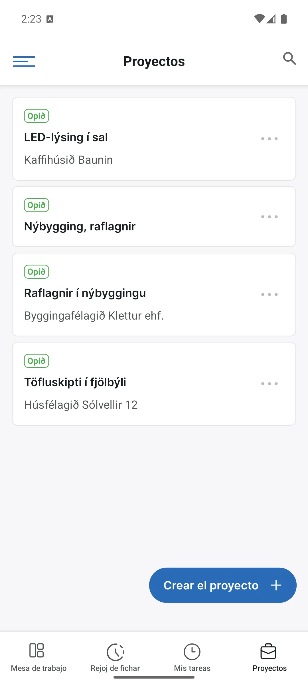 Proyectos en la app