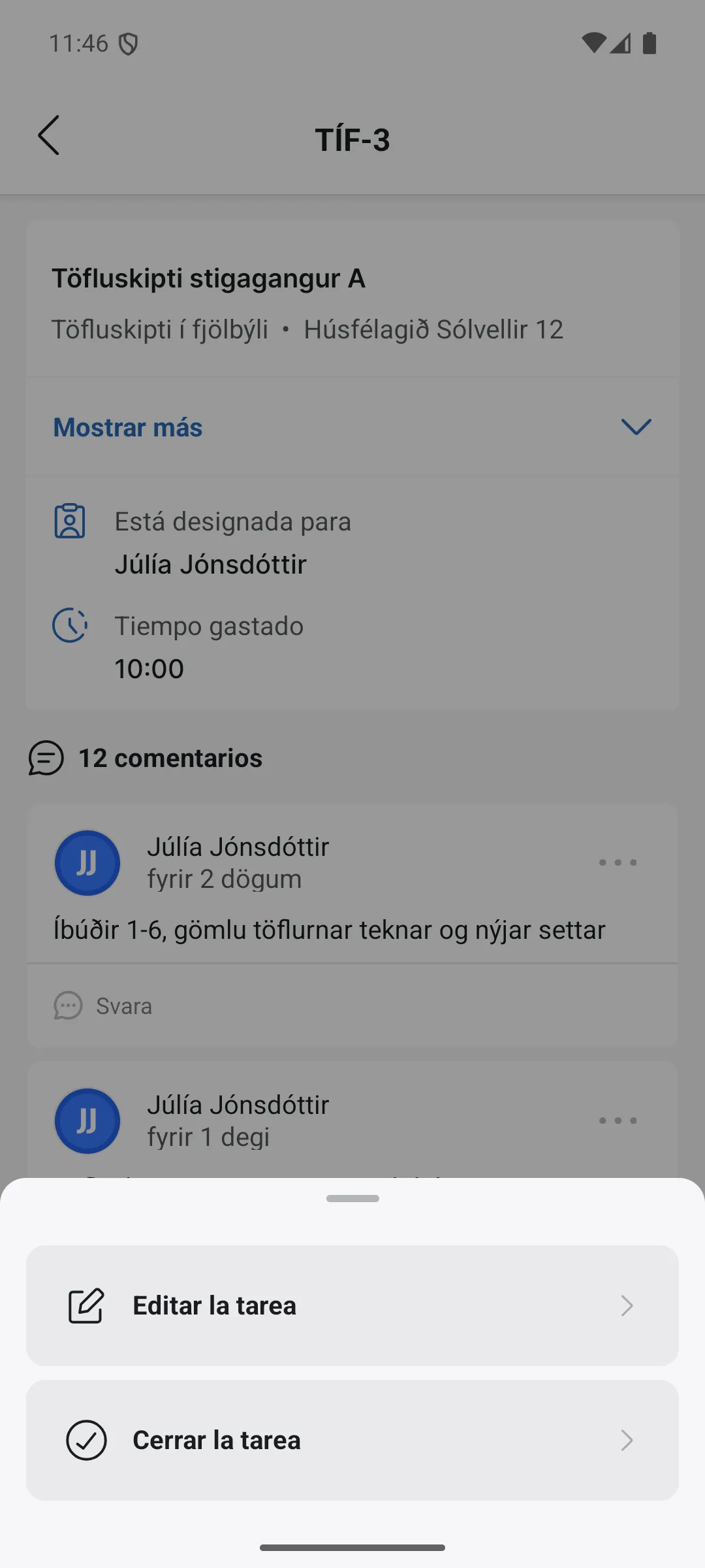El panel de acciones de la tarea
