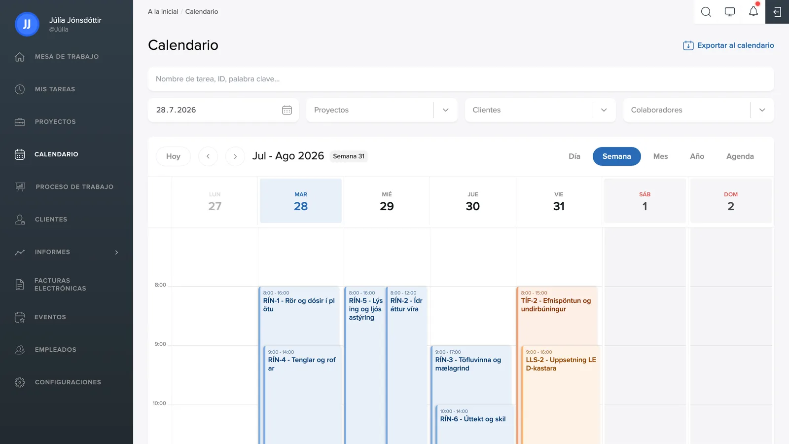 El calendario, vista semanal