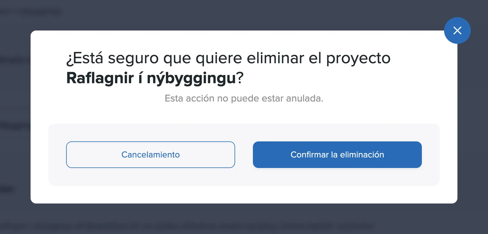 Ventana de confirmación para eliminar un proyecto