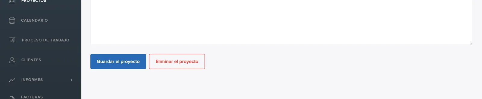 Los botones Guardar y Eliminar proyecto
