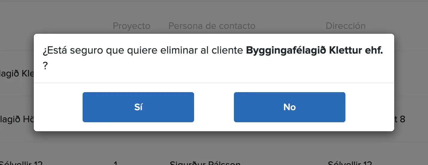 Ventana de confirmación para eliminar un cliente