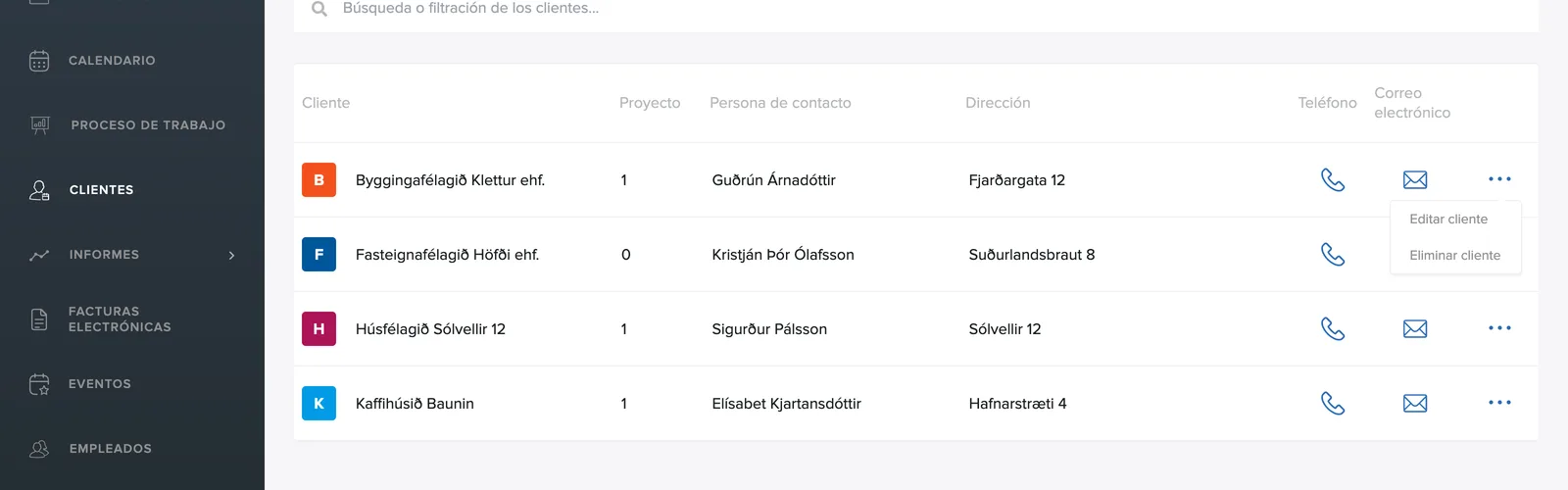 El menú con Eliminar cliente