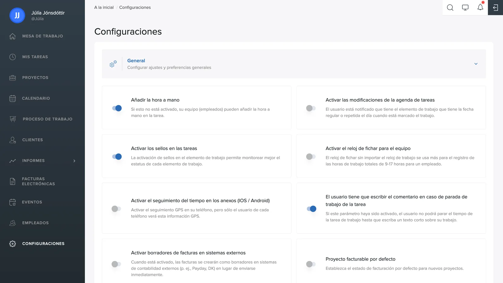 Facturas ocultas en configuración