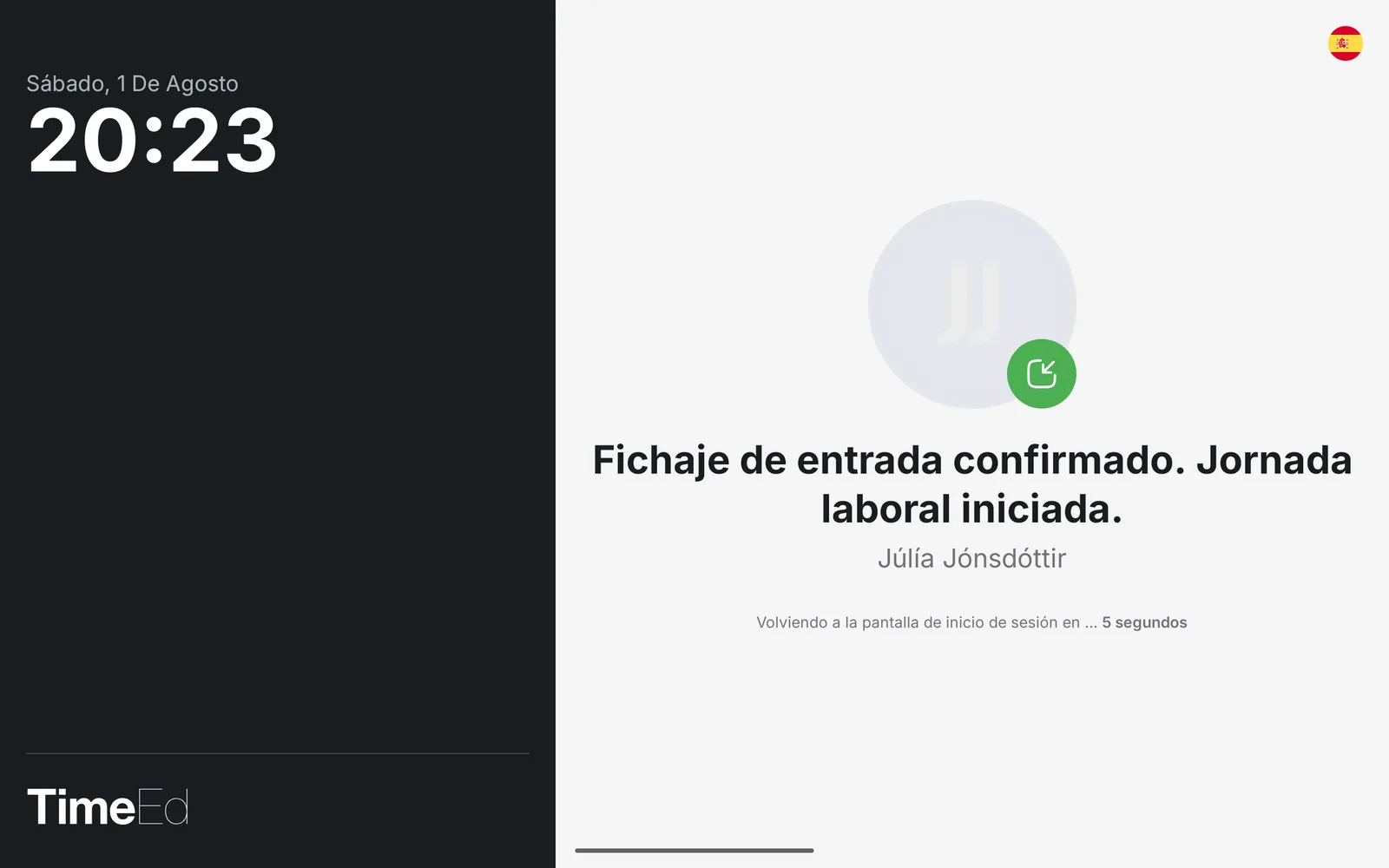 Fichaje de entrada confirmado