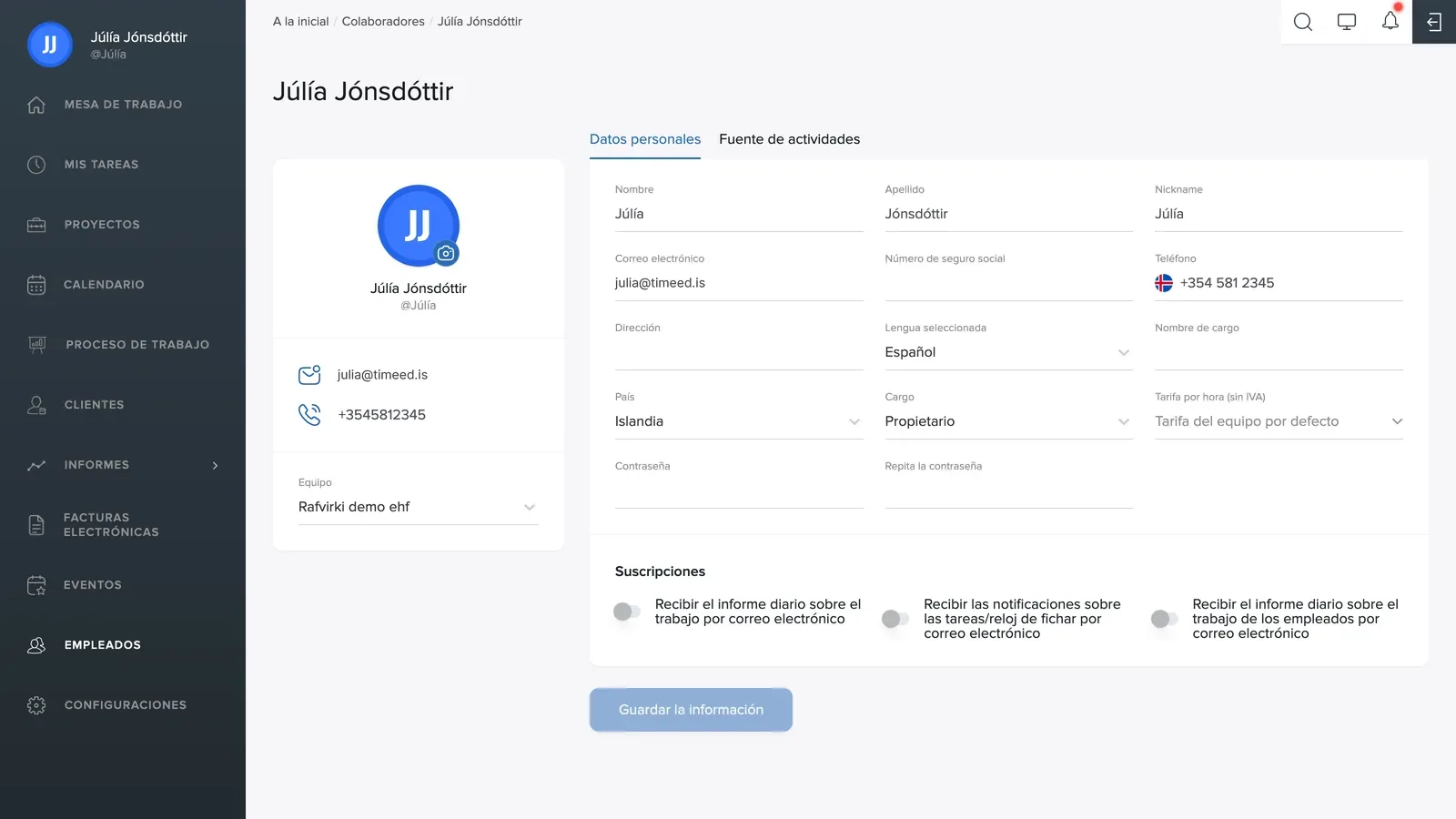 Configuración del empleado
