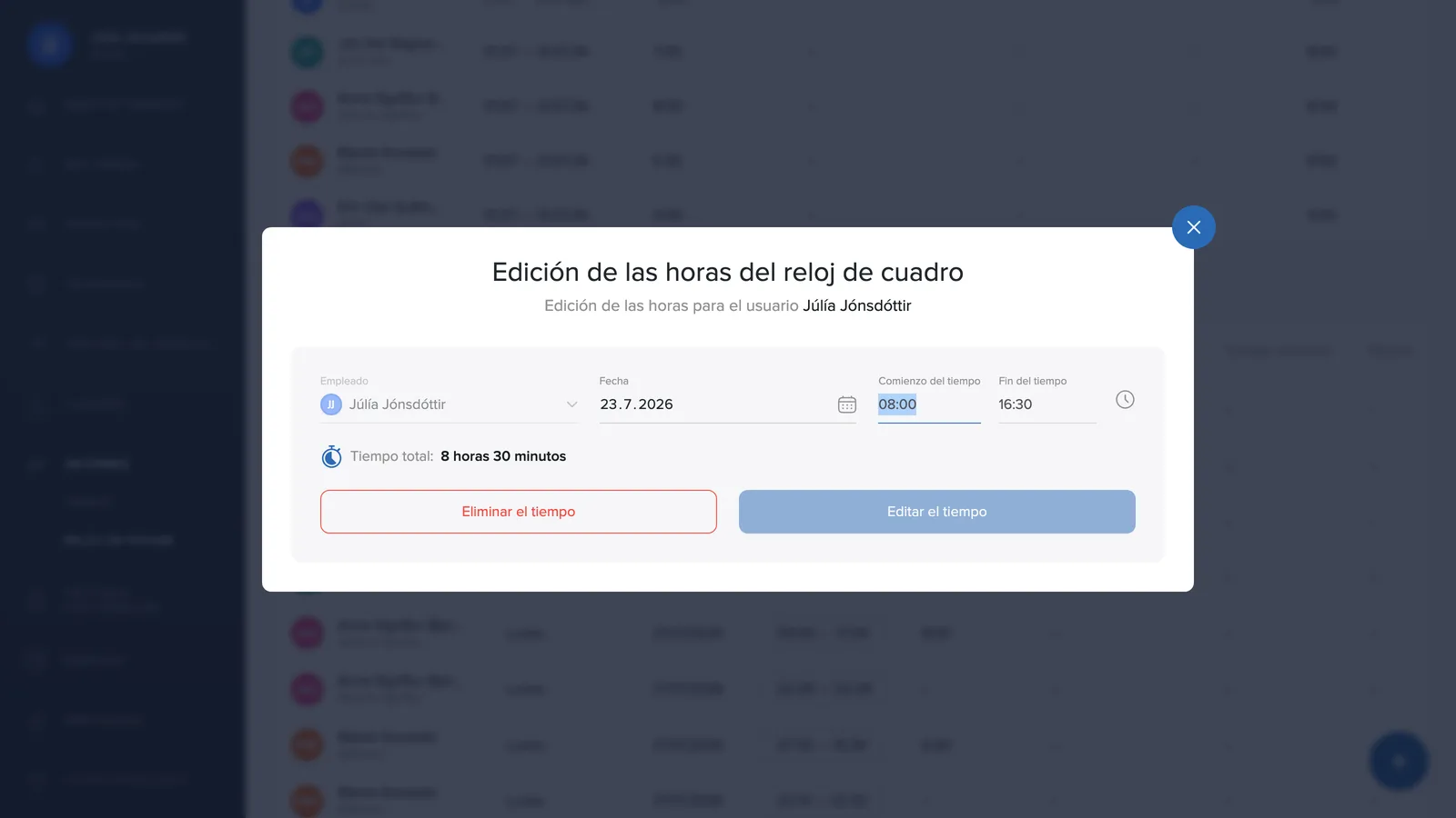 Modificar o eliminar tiempo en el reloj de fichaje