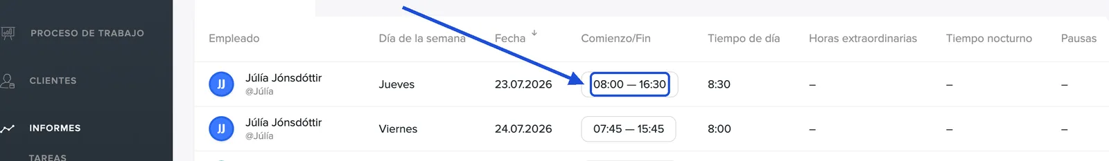 Haz clic en las horas de la columna Comienzo/Fin
