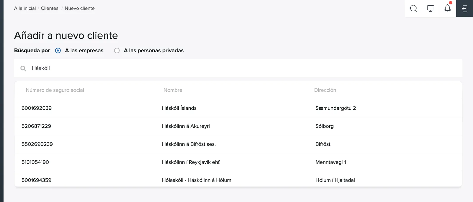 Búsqueda en el registro de empresas al crear un cliente