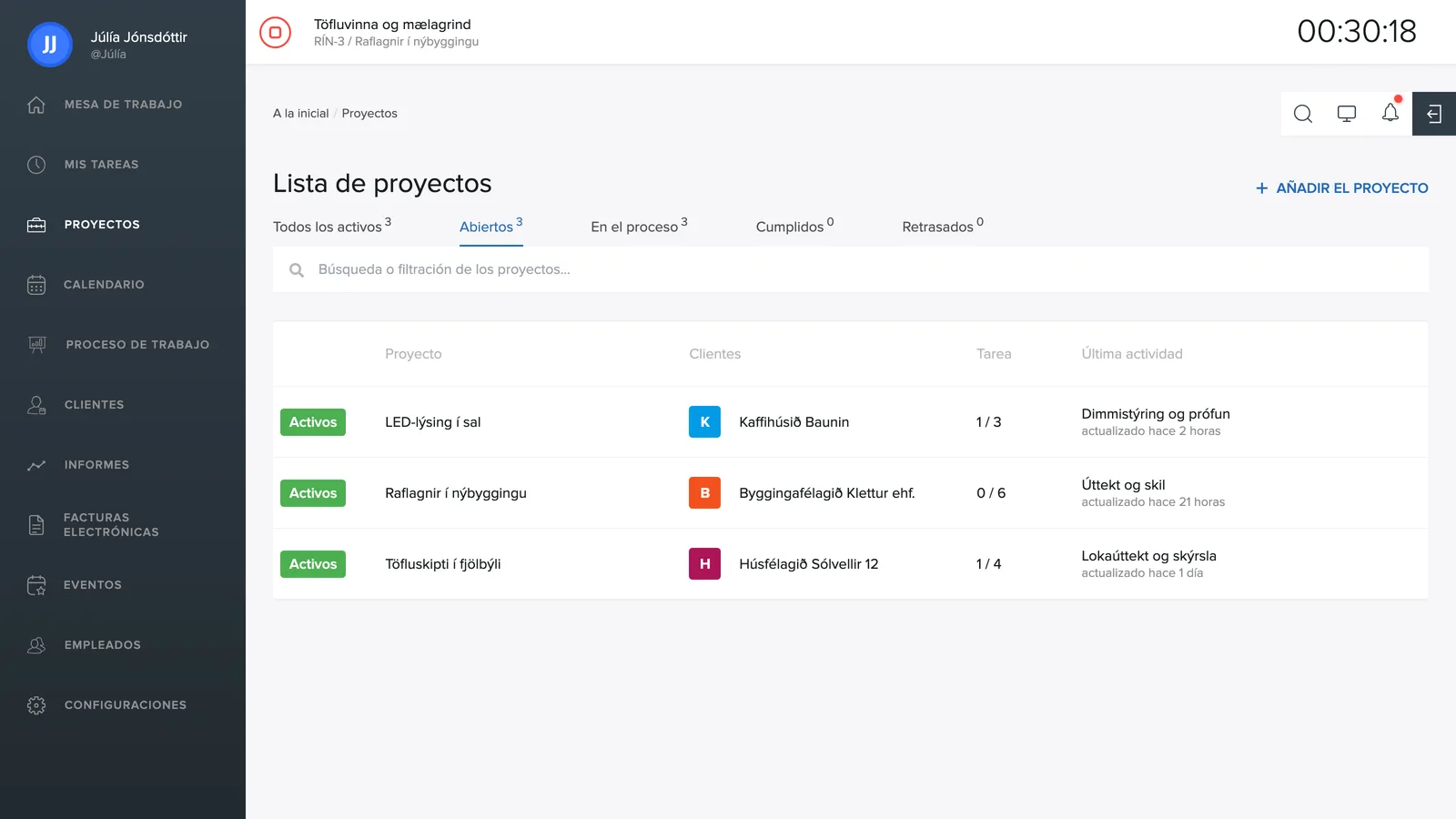 La lista de proyectos