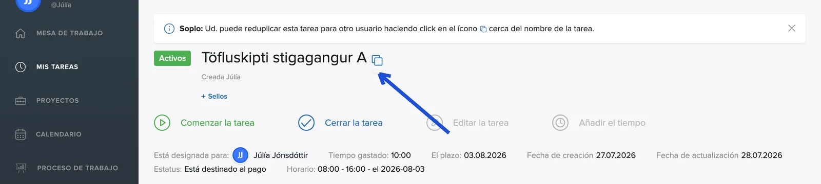 El aviso y el icono de copia junto al nombre de la tarea