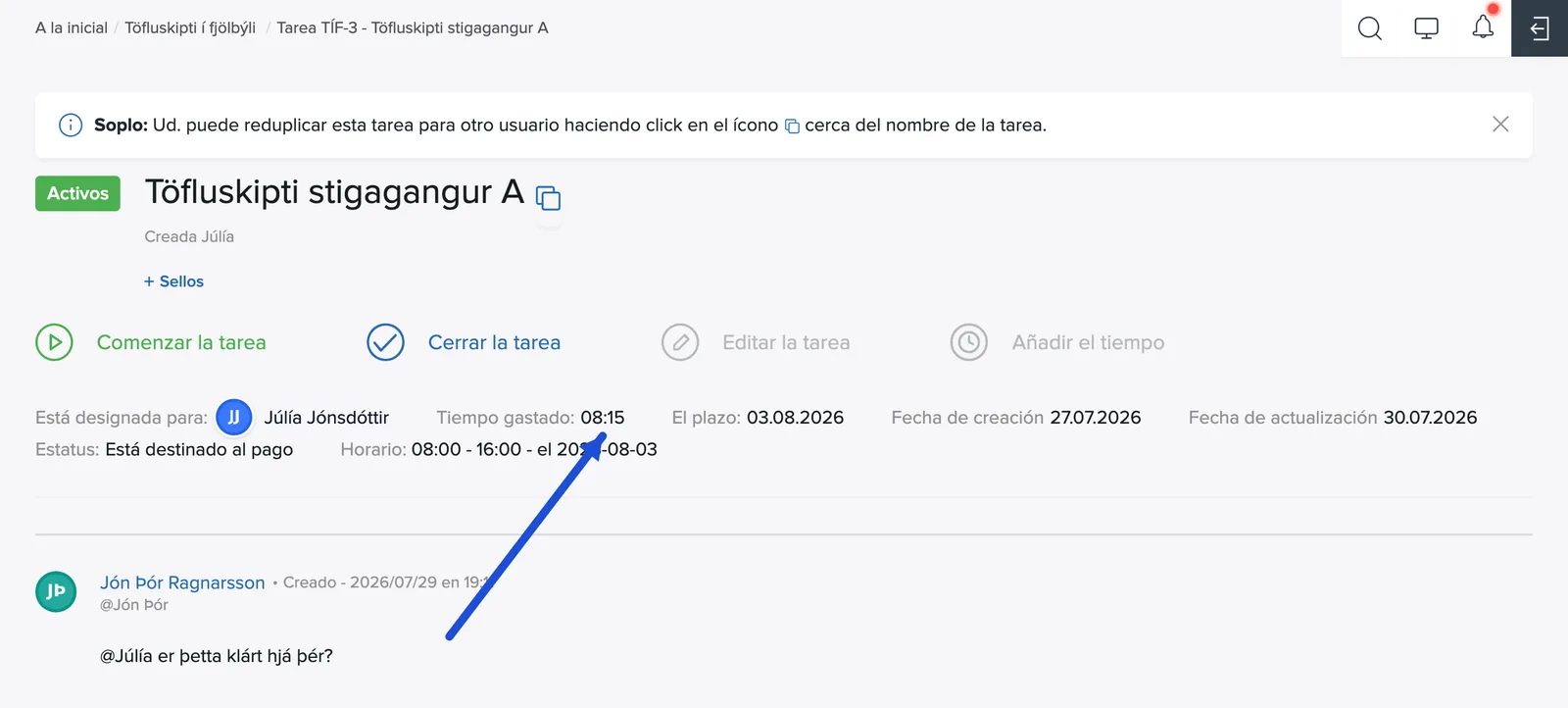 Haz clic en el tiempo para abrir el informe de trabajo de la tarea